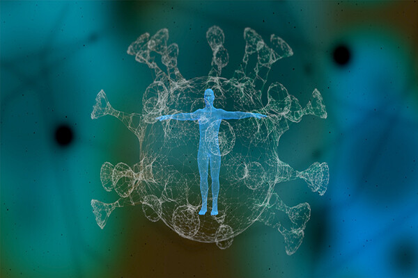 3-D graphic rendering of the human body surrounded by a large transparent virus cell.