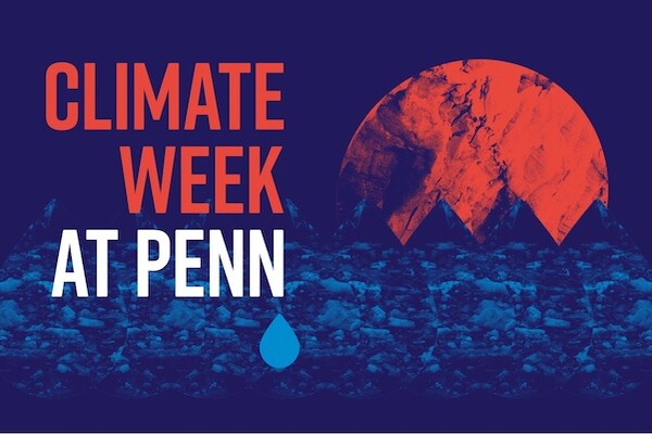 Abstract image of red earth and blue water with words Climate Week at Penn