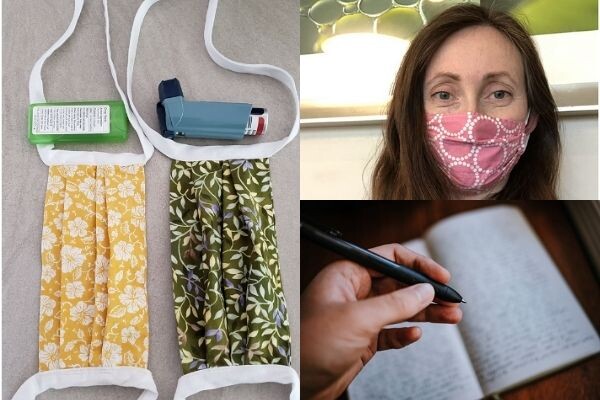 Three images that are part of a virtual gallery, on left are two printed-fabric face masks, top right is a hand holding a pen over a handwritten journal, bottom is a pink sky at sunset through a screen door.