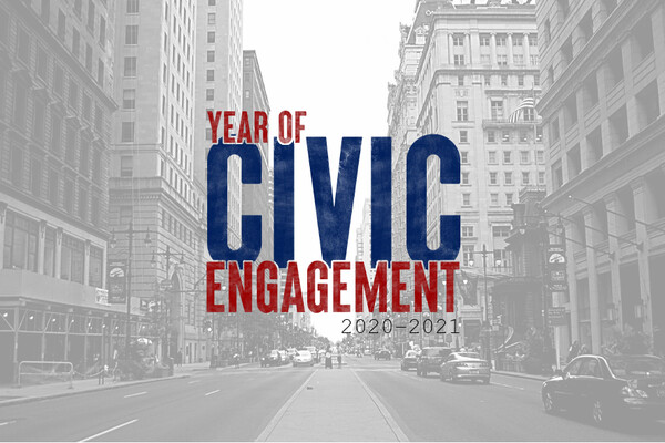 The Year of Civic Engagement text logo in the foreground with Center City Philadelphia in the background