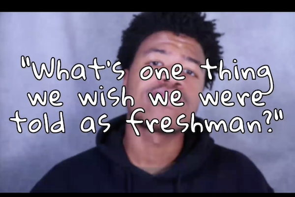 Student with "What's one thing we wish we were told as freshman" in text across a Zoom screen 