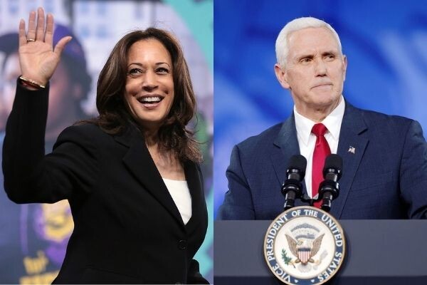 Kamala Harris waving and smiling at left, Vice President Mike Pence at a podium on the right