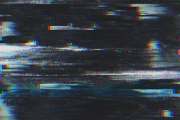 Glitch background with color distortion lines.