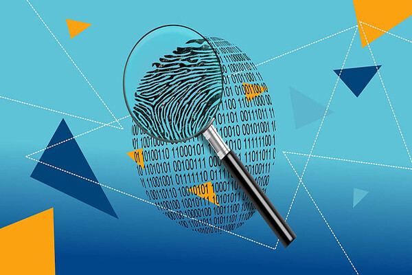 Magnifying glass on a thumbprint that is comprised of zeros and ones on a graphic background.