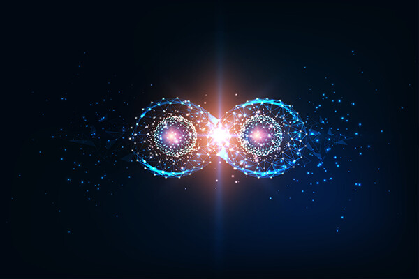 Visual concept of quantum computing, illuminated circles against a backdrop resembling a night sky.