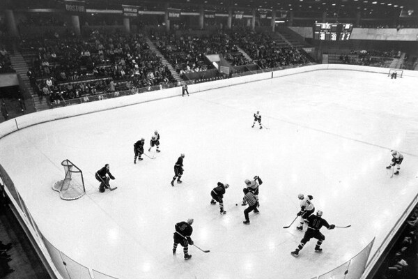 Two teams face off at the Penn Ice Rink circa 1972.