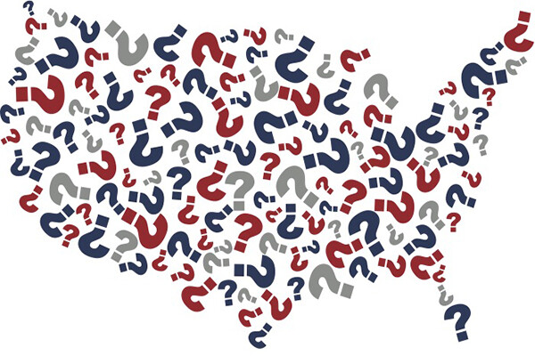 Shape of the map of the U.S. comprised of small question marks.