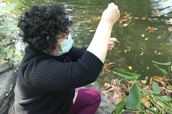 Person in mask takes a sample of pond water