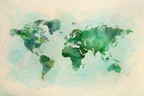 Watercolor rendering of a world map.