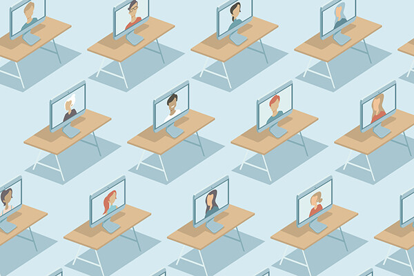 Cartoon of classroom desks with desktop computers on top, each computer screen features a person in a zoom meeting.