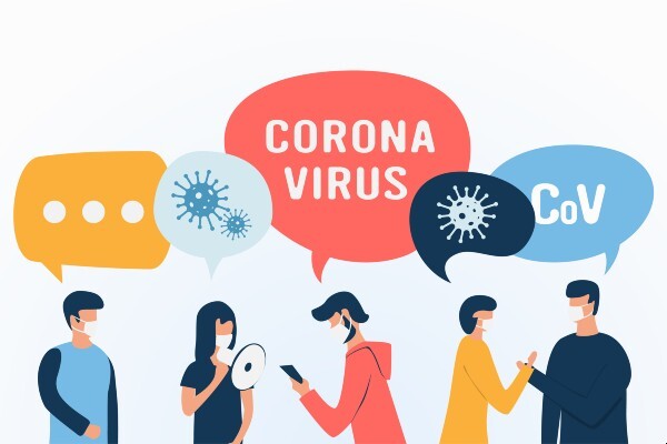 a cartoon of people wearing face masks with various speech bubbles that have images of a virus, the word coronavirus, and CoV