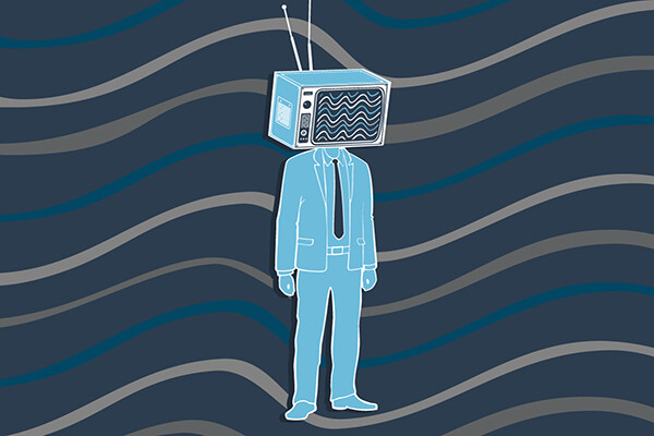 Cartoon of a human person in a suit with a television for a head with waves implying wavelengths in the background.
