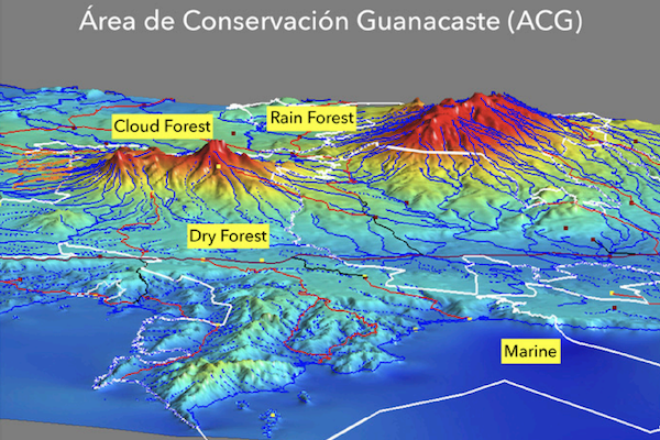 Topographic map of Area de Conservacion Guanacaste in Costa Rica showing different biomes