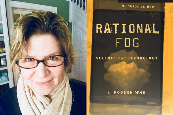 Side-by-side photos of author and book cover of Rational Fog by M. Susan Lindee