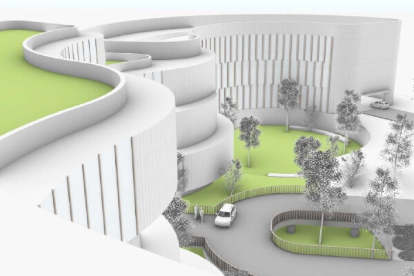 an architectural rendering of a curved hospital entrance with grass and trees
