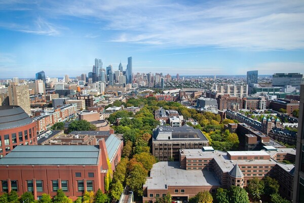 aerial view of Philadelphia skyline from vantage point of Penn's campus