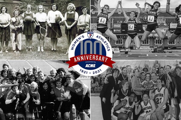 A logo for the 100th anniversary of women's sports at Penn shows women athletes from various decades.
