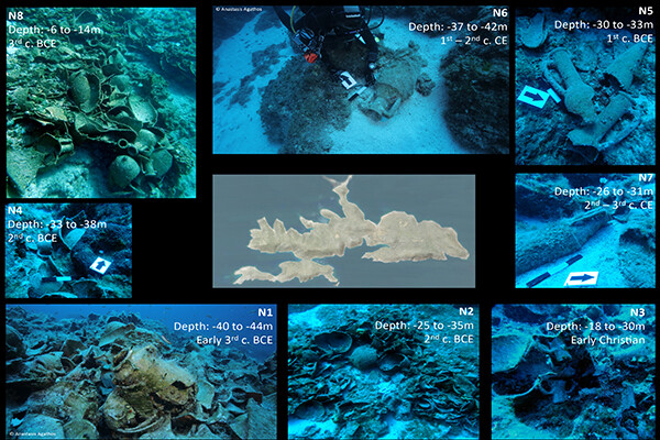 Grid of underwater images with data indicating depth and time period.