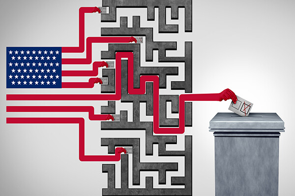 An illustration of an American flag shows the stripes separating into a maze and one winding up at a ballot box