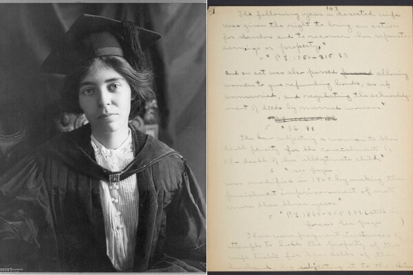 Alice Paul in her graduation gown and a handwritten page from her dissertation.
