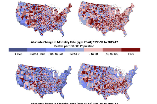 An image with four maps of the U.S. shaded in different colors, with the text "Males" and "Females" up top. Below the first two maps reads "Absolute changes in mortality rate (ages 25-44) 1990-92 to 2015-17" and underneath that, "Deaths per 100,000 population." Below the bottom two maps reads, "Absolute changes in mortality rate (ages 45-64) 1990-92 to 2015-17"  and underneath that, "Deaths per 100,000 population."