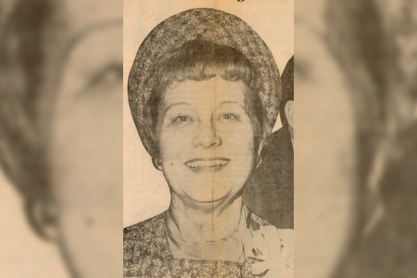 A headshot of Margaret Katherine Majer wearing a hat and matching dress around 1975.