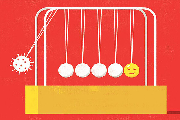 Newton’s cradle where one end swinging ball is a covid virus cell and the other is a content happy face.