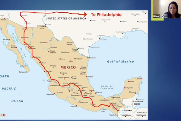 A map with a red line tracing a route from Guatemala to Philadelphia