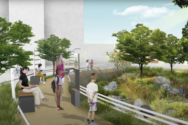 A sketch of adults and children looking over a lush rain garden