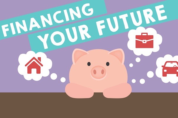 A pig drawn with thought bubbles of a bag, car, and house with a banner reading "finance your future"