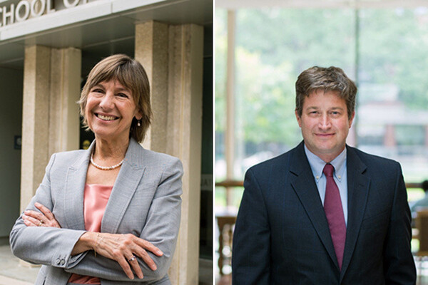 Pam Grossman with arms crossed in front of a GSE building on Penn’s campus at left, Ted Ruger in his office at right.