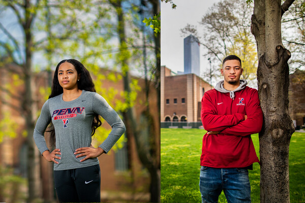 A composite of Michae Jones, left, and Jelani Williams right. Both are standing outside of the Palestra. Williams, wearing a red Penn hoodie, leans against a tree with his arms folded. Jones stands with her hands on her hips.