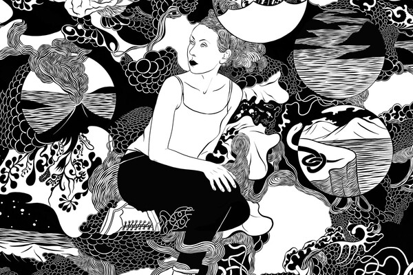 A black-and-white illustration with many lines and circles and a person sitting in the middle.