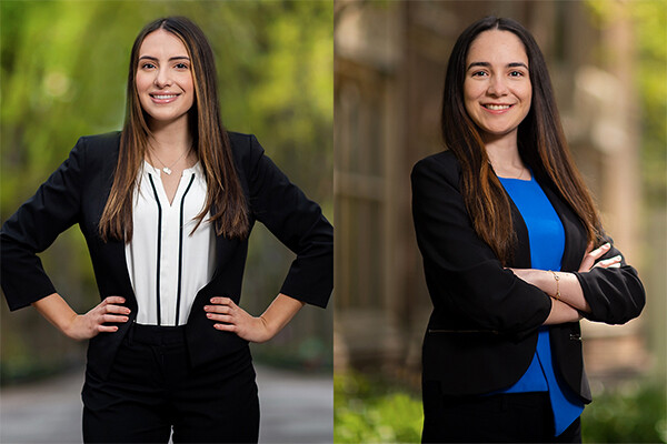 Portraits of Penn seniors Christina Miranda (left) and Amanda Moreno in the College of Arts and Sciences