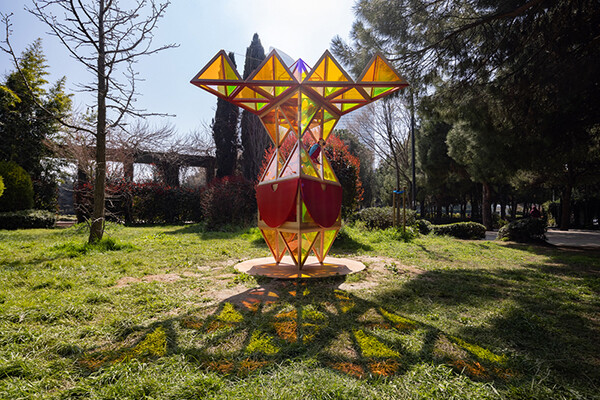 Colorful design structure made of wood and colored glass panels in the middle of  Özgürlük Park in Istanbul..