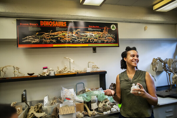 Paleontologist in a lab with a sign saying "Dinosaurs" and fossil specimens in the background