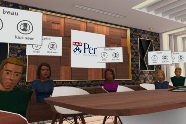 Avatars of seniors sit around a seminar table in virtual reality in an International Relations course taught by Farah Jan.