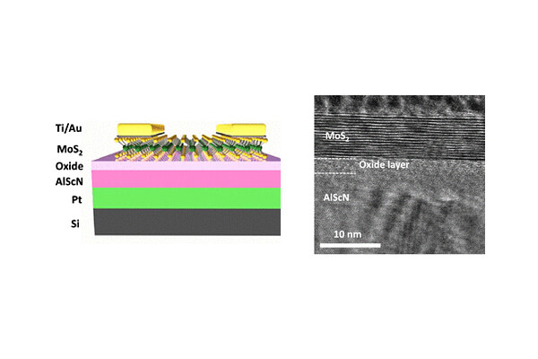 An illustration and electron microscope image of the researchers’ ferroelectric field-effect transistor.