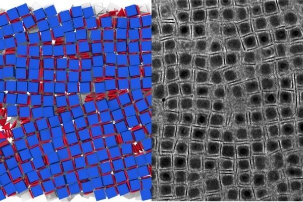 a side by side of a simulated nanocrystal next to a microscopic image of one