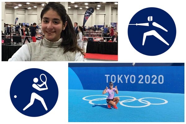 Katina Proestakis (top) in her fencing uniform next to a pictogram of a fencer. Chieh-Yu (Connie) Hsu (bottom) gives a thumbs up next to a pictogram of a tennis player.