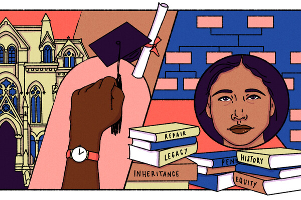 Drawing of books, an African American student’s face, a diploma, a fist in the air.