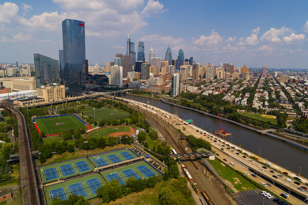 Panoramic view of Philadelphia and the Schuykill River.