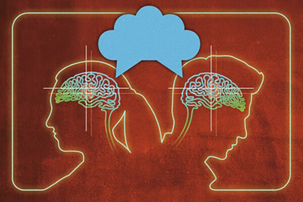 drawing of two silhouettes with brain matter highlighted and a thought bubble joining the two.
