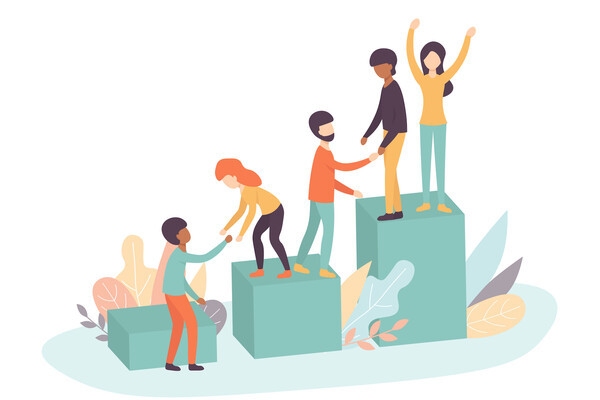 An illustration of people helping each other move from small pedestal to medium pedestal to large pedestal, in an effort to demonstrate peers helping each other.