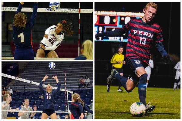 A collage showing Autumn Leak (top) and Sydney Ormiston (bottom) playing volleyball and Matt Leigh (right) playing soccer.