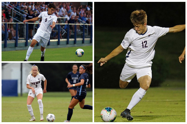 A collage showing Ben Stitz (top), Lauren Teuschl (bottom), and Charlie Gaffney (right) wearing their white Penn jerseys and preparing to kick the ball.