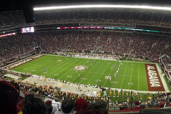 A view from the upper deck of the packed stadium at an Alabama football home game.
