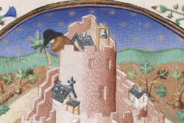 15th century illustration of a person atop a stone tower overseeing a landscape.