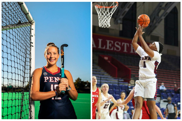 From left to right, Gracyn Banks holds a field hockey stick on her left shoulder while leaning against a goal at Vagelos Field; Jordan Obi goes up for the shot against King's College at the Palestra.