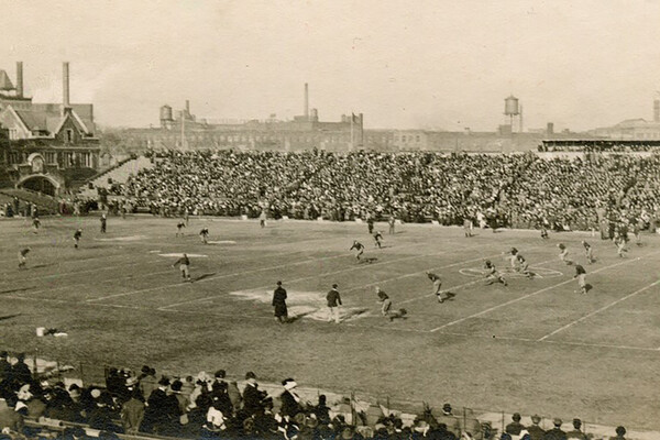 Looking north across Franklin Field, the Penn football team battles Cornell in 1912.